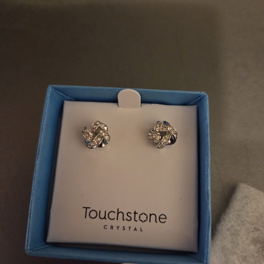 Touchstone Crystal Silver Knot Stud Earrings with Blue Detail